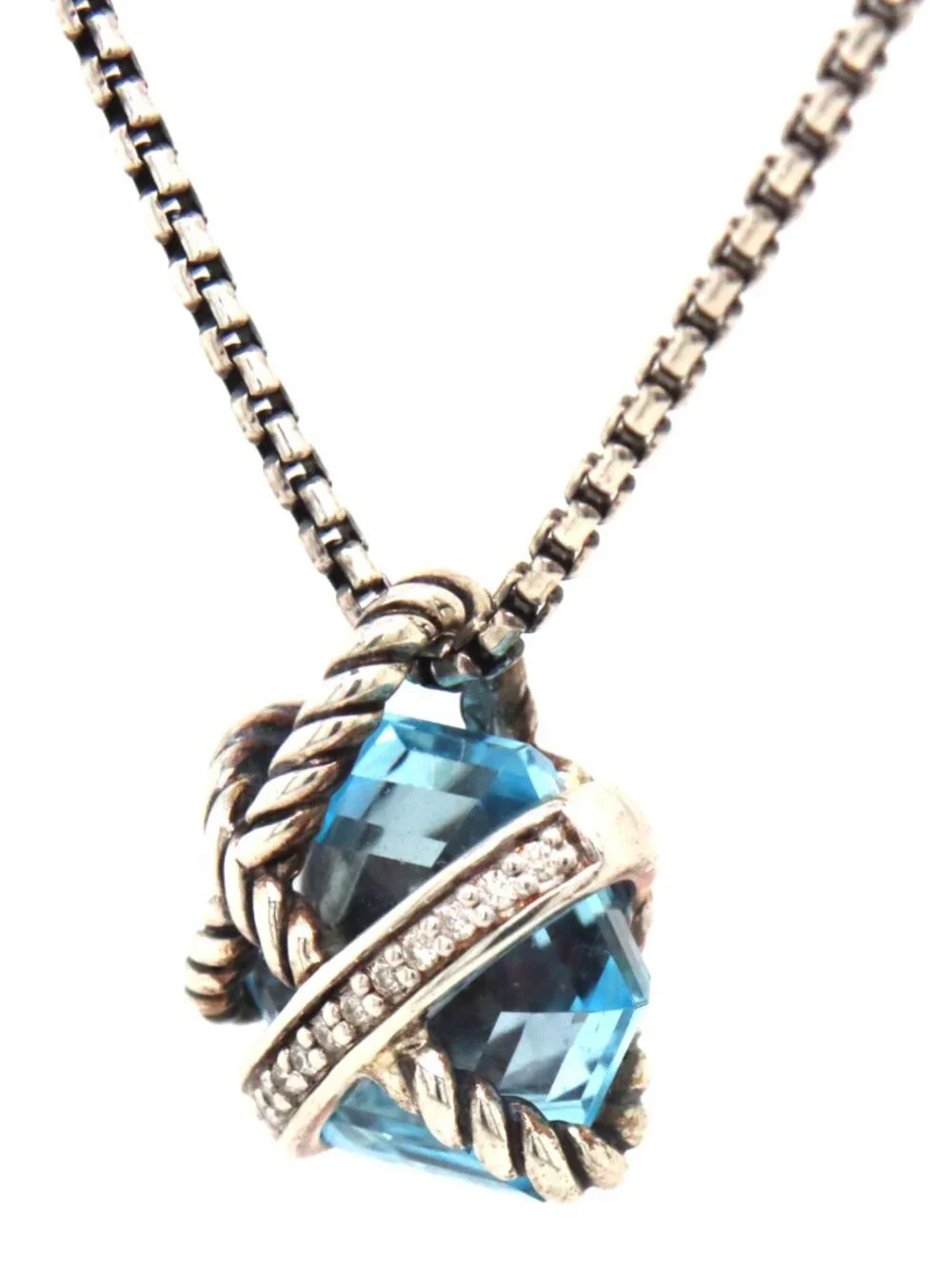 David Yurman cable wraps blue topaz and diamond pendant on adjustable chain